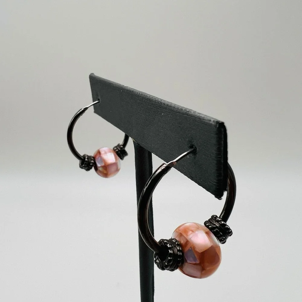 Gunmetal Hoop Earrings with Pink Mosaic Faux Mother of Pearl Shell Beads Boho